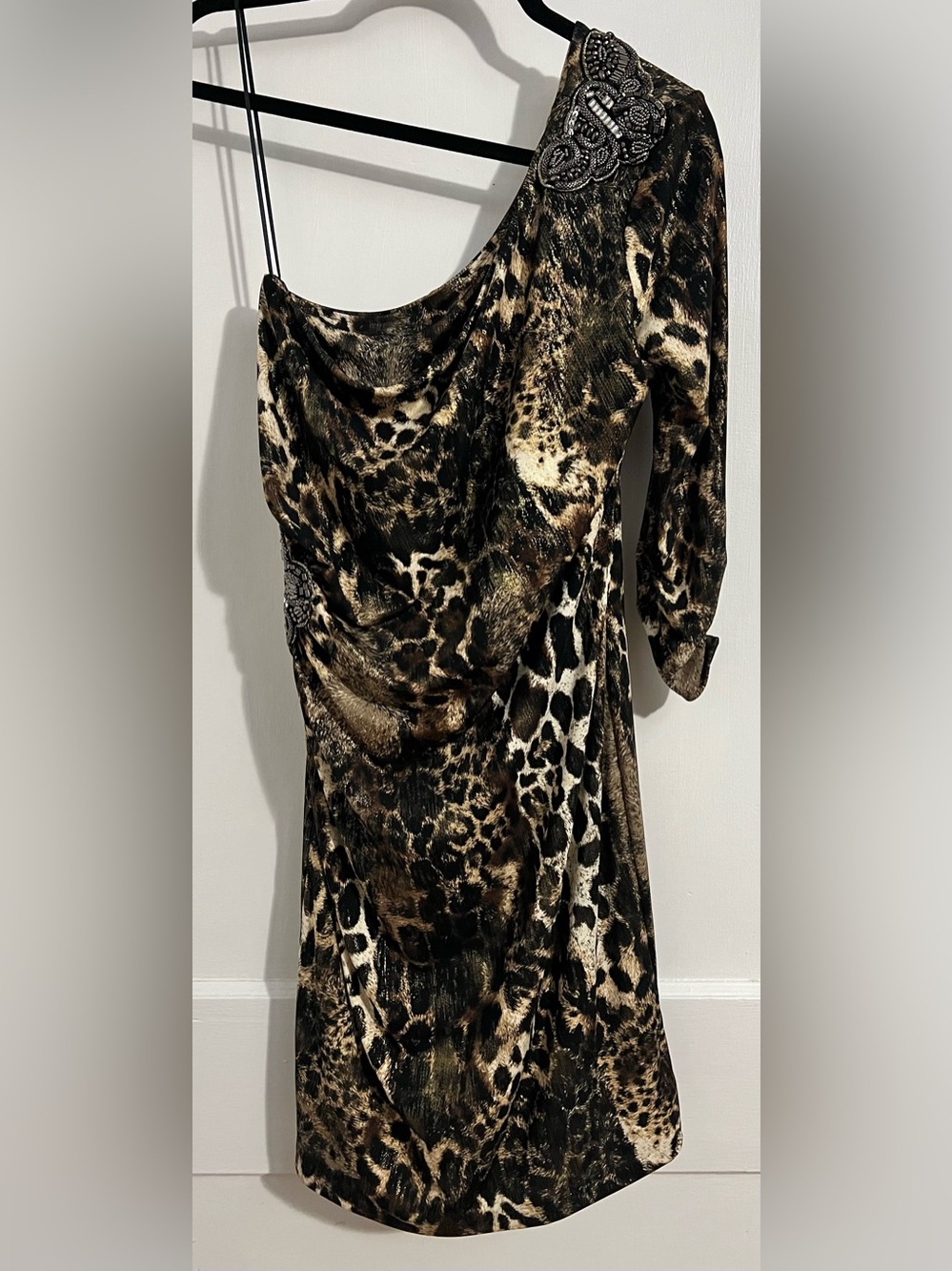 Cache One-Shoulder Animal-Print Cocktail Dress with Embellished Shoulder